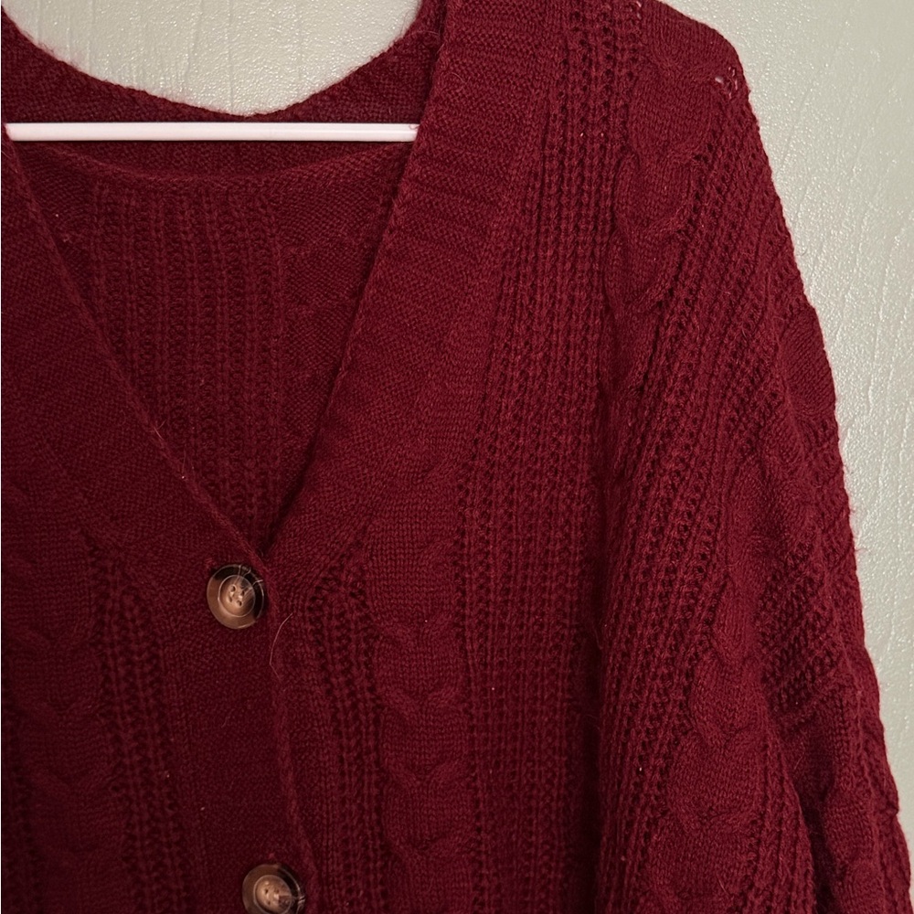 SHEIN Burgundy Cable Knit Cardigan